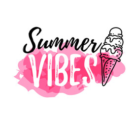 Vector summer illustration of line art style sweet ice cream with inscription summer vibes on white and pink background.