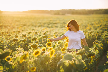 Fototapeta premium Young caucasian woman with long hair in a field of sunflowers at sunset.