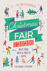 Beautiful vector detailed 'Christmas Fair' poster template with abstract winter and holiday activities. People carrying xmas trees, doing snow angels, ice skating, etc.