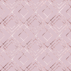 Naklejka premium Geometric seamless pattern foil. Diamond rose gold. Beauty pink background. Roses golden trellis. Abstract angle brackets linear ornament. Diamonds marble sparkle texture for design prints. Vector