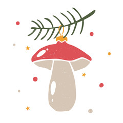 Vector Сhristmas decorations. Cozy Christmas glassy mushroom on a twig and confetti. Can be used for poster, greeting card, invitation or decoration. Vector hand drawn illustration
