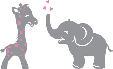 Funny smiling giraffe and elephant with hearts