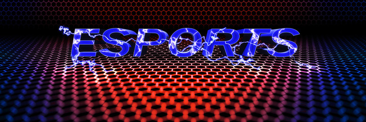Concept design for esports cyber sports banner : ESPORTS text with spark lighting over hexagon pattern background © morkdam
