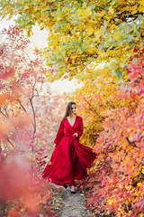 Red silk evening dress, long train  fly, wind motion, walk autumn park. Pretty girl in a red long dress walks in the park.
