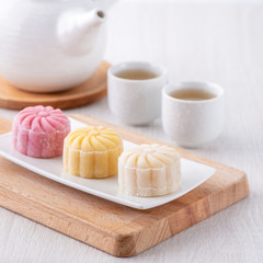 Colorful snow skin moon cake, sweet snowy mooncake, traditional savory dessert for Mid-Autumn...