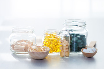 Vitamins, supplements, healthy life concept.