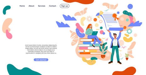 Website banner for business partnership and business collaboration with business people executing commercial project. Signing documents, transaction and negotiation, flat vector illustration.