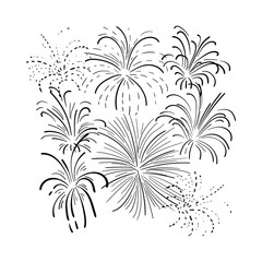 Vector hand drawn black fireworks, monochrome illustration, doodle fire crackers isolated on white background.
