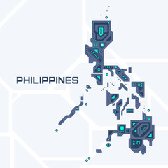 Abstract futuristic map of Philippines. Mechanical circuit of the country. Technology space background.