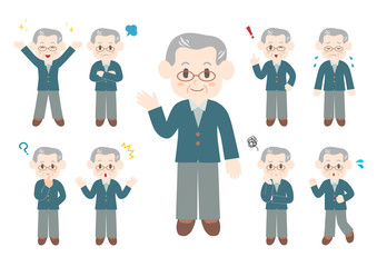男性シニア男性のポーズと表情のイラスト: 全身セット