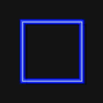 Vector neon blue square blank frame isolated on black background, geometrical shape with shadow, realistic illustration.
