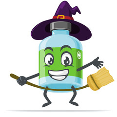 vector illustration of mascot or medicine bottle character wearing witch costume and ride flying broom