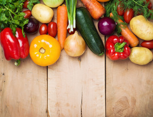 farm vegetables on rustic wooden table