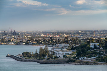 Panoramic view of seaside in Sidi Bou Said at sunset. Tunisia, North Africa