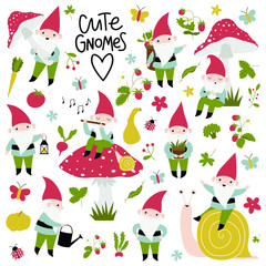 Gardening set with cute gnomes. Vector illustration.