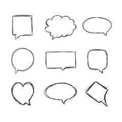Vector set of hand drawn talk bubbles isolated on white background, black pen drawings, blank frames, communication icons.

