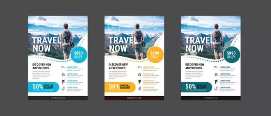 Foto auf Leinwand Travel poster or flyer pamphlet brochure design layout space for photo background. Yellow Travel flyer template for travel agency © DesignerEdge