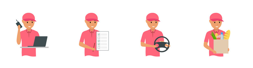 Vector illustration set. Online food delivery service, online order tracking, home and office delivery. Delivery by car. Delivery. Ordering food.