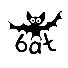 Cute black bat drawn in cartoon flat style. Vector silhouette illustration isolated on white background. For halloween design, greeting card
