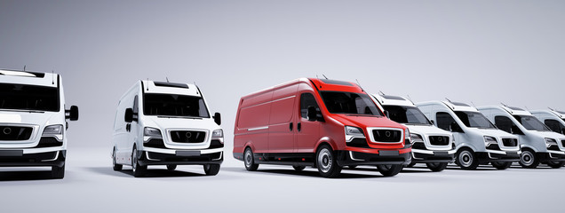 Red commercial van and fleet of white trucks. Transport. Transport and shipping © Photocreo Bednarek