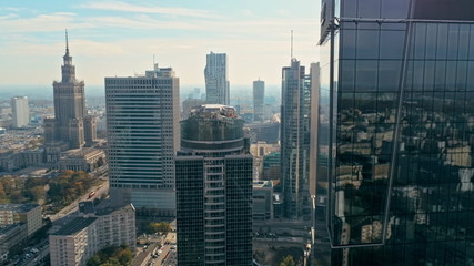 Fototapeta na wymiar Aerial Panorama of Warsaw City. Urban Downtown Skyline with Glass Skyscrapers