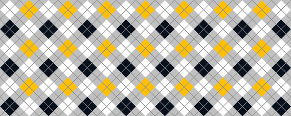Black, yellow Scottish Argyle style. Diamond pattern. Retro argyle pattern Checkered texture from rhombus, squares Flat tartan checker print. Vector gingham and bluffalo check line. Christmas, xmass.