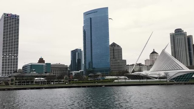 Beautiful Lakefront Downtown Milwaukee City Buildings on Cloudy Overcast