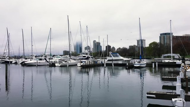 Pan Left of Boats Docked At McKinley Marina Milwaukee Lakefront