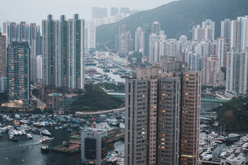 Aberdeen Typhoon Shelter, Hong Kong seen from (Brick Hill) Nam Long Shan, in Sunset time