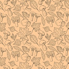 Fototapeta premium Autumnal seamless pattern. Line art. Various leaves and mushrooms. Stock illustration.
