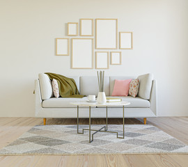 Mockup posters above a sofa in a moden livingroom. 3D render.