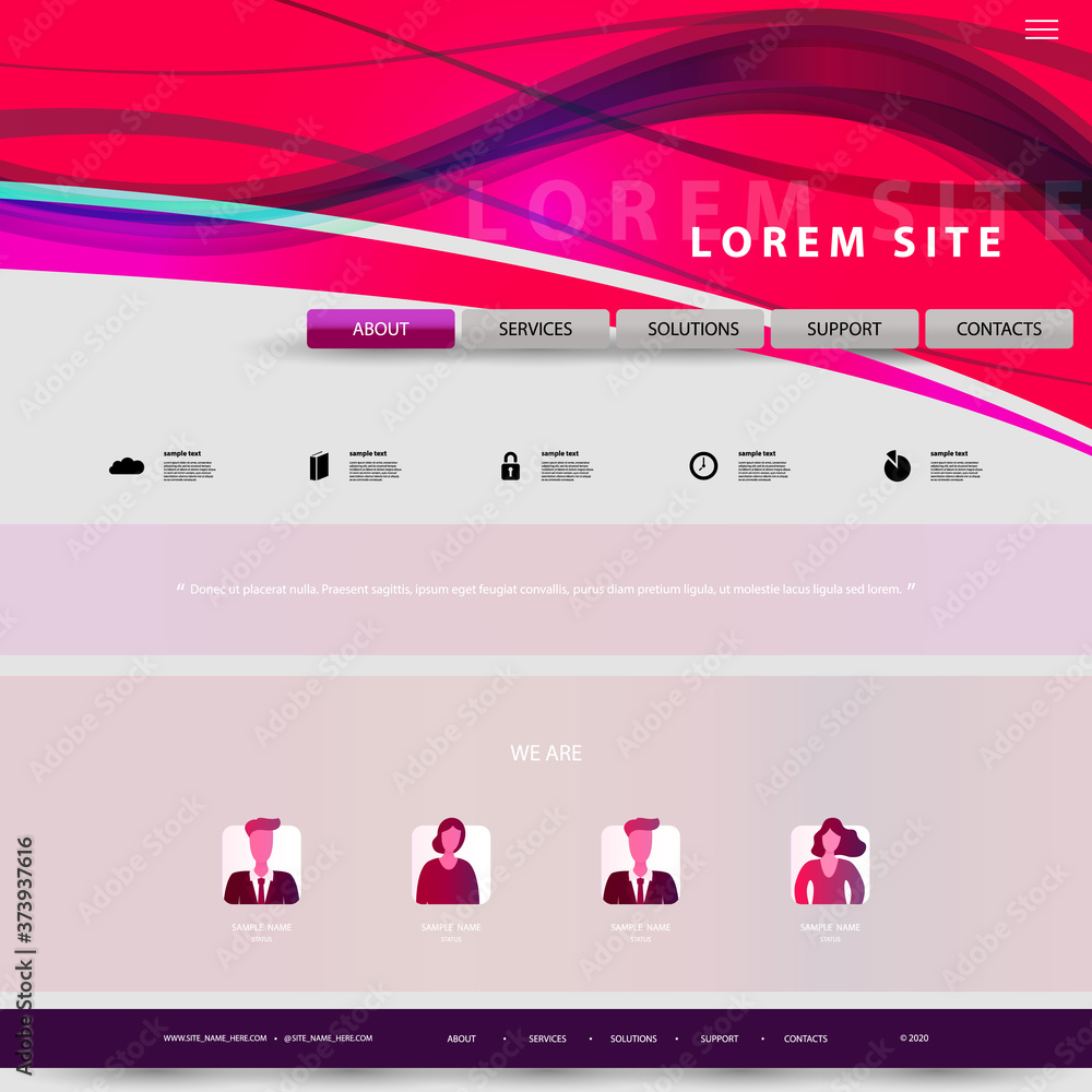 Poster website design template for your business with red and purple wavy texture, lines in the header