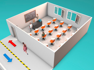 School desk for anti covid-19 measures. To fight the coronavirus, new desks in schools. 3d render. Differences between a classic classroom and one with the new anti covid desks
