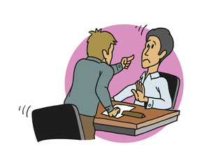 Angry man threatening and pointing with his finger to his boss, or to an office worker sitting on his desk. Cartoon style vector illustration.