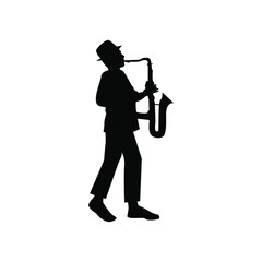 Vector drawing. Silhouette of a man with a saxophone. Saxophonist. Musician. Band man.