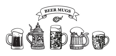 Set of traditional beer mugs. Vector illustration. - obrazy, fototapety, plakaty
