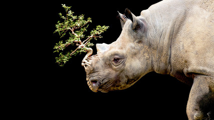 Surreal image of a rhinoceros with a tree growing where it's horn should be