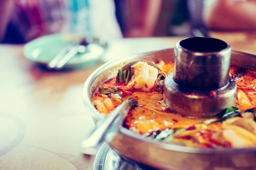 Tom yum kung. Thai food style Seafood Hot Pot. Traditional Thai style food.