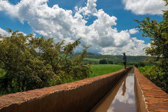 Campesino mexicano latinoamérica latino contemplando el campo cultivos de caña de azúcar sobre un acueducto elevado paisaje mexicano cielo azul nubes  
