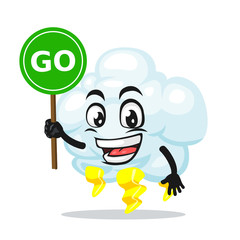 vector illustration of thunder cloud mascot or character holding sign says go