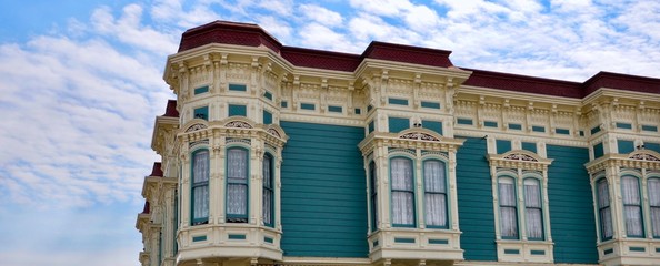 Closeup of traditional house in the city of Ferndale in Humboldt County, California, USA, famous...