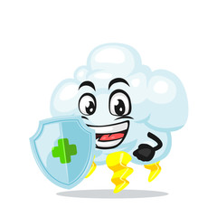 vector illustration of thunder cloud mascot or character holding shield for protection