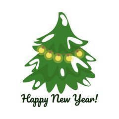 Happy New year greeting card! With a Christmas tree with snow and a garland. Vector illustration isolated.