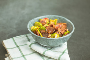 Spicy Chinese sausage salad mix with cucumber and vegetables. Thai called Yum-Kun-Chiang