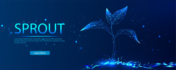 Sprout. The concept of growing plants. Abstract illustration isolated on a blue background. Save the planet, nature, environment. Grow life, polygon, triangles, low poly, vector illustration.