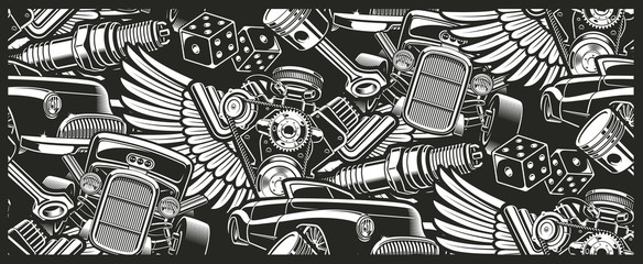 Seamless background with vintage cars for dark background. Ideal for printing for fabric, wall decoration, and many other uses - obrazy, fototapety, plakaty