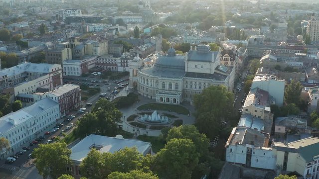 Descending aerial towards the Odessa Opera House. Ukraine.