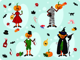 Scarecrow for Halloween, in costumes for the holiday, pumpkin, scarecrow girl, pumpkin witch