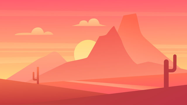 Desert scenic nature landscape vector illustration. Cartoon flat panoramic Mexican sand desert scenery with cactuses, rising sun behind mountains silhouettes, sunset or sunrise hot natural background