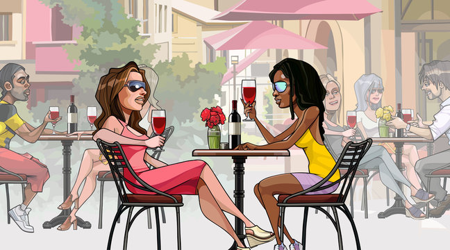 cartoon people sitting at tables and drinking wine in a street cafe